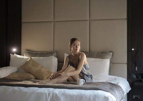 Woman sitting on hotel bed enjoying a peaceful morning with coffee.