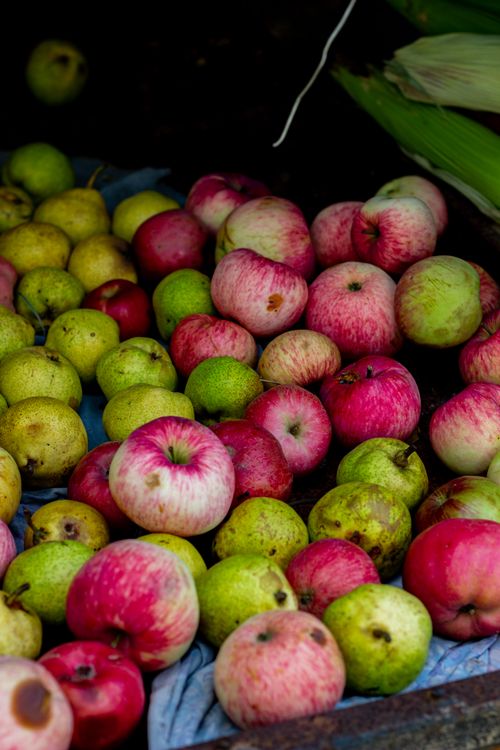 Free A detailed view of fresh apples and pears in a market setting, ideal for autumn themes. Stock Photo