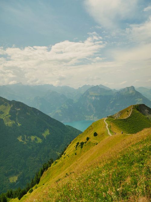 Free Breathtaking summer landscape of the Swiss Alps with lush greenery and a serene lake. Stock Photo
