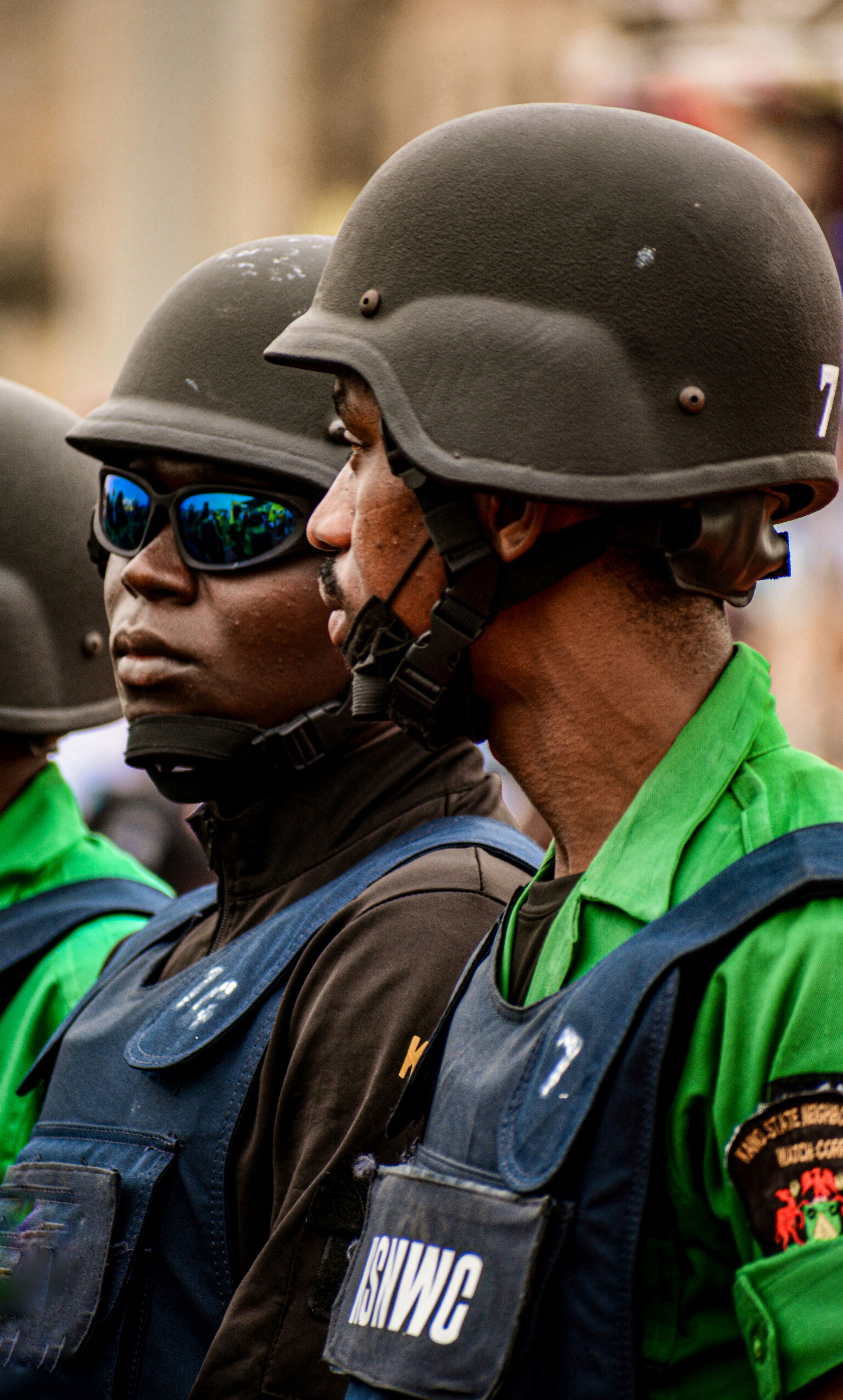 Nigerian security personnel in uniform during a public event in Kano, Nigeria.