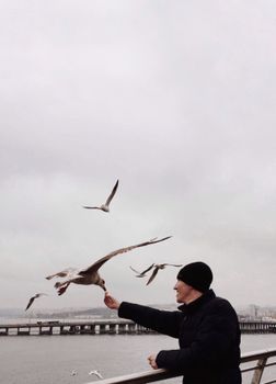 在阴云密布的天空下，一名男子在海边喂海鸥，捕捉到人与自然之间宁静的互动。 - 相关推荐