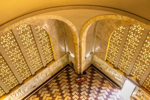 Free Aerial view of the intricate interior design inside the Voortrekker Monument in Pretoria, South Africa. Stock Photo