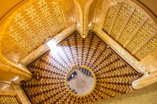 Free Dramatic aerial view of the Voortrekker Monument's intricate tiled floor and architectural design. Stock Photo