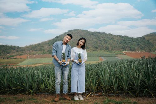 Free Couple holding pineapples in a lush Vietnamese farm with scenic mountain backdrop. Stock Photo