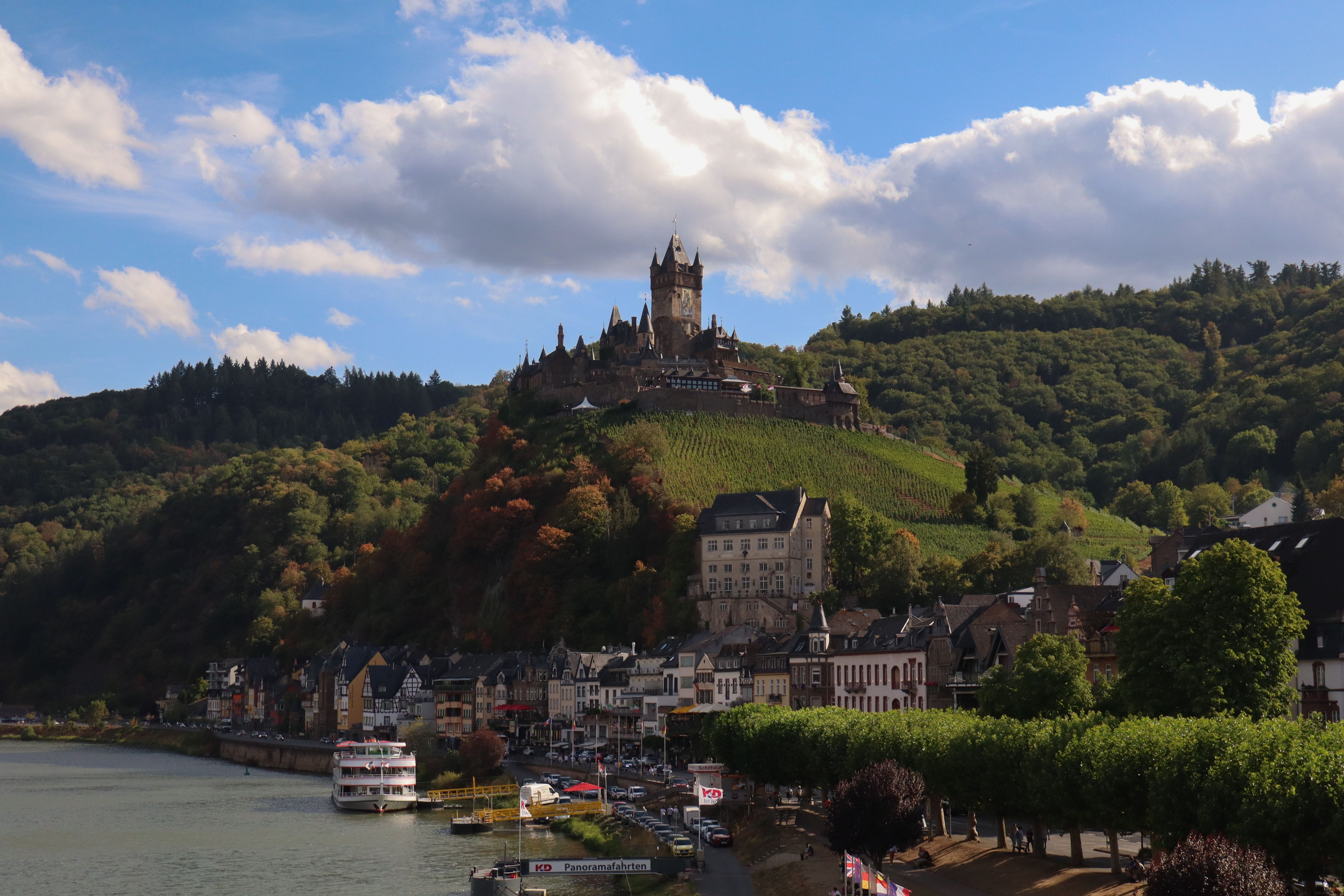 Stunning view of Cochem Castle above the Moselle River in Cochem, Germany.