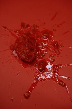 Close-up of a smashed tomato creating an artistic splash on a vibrant red surface.