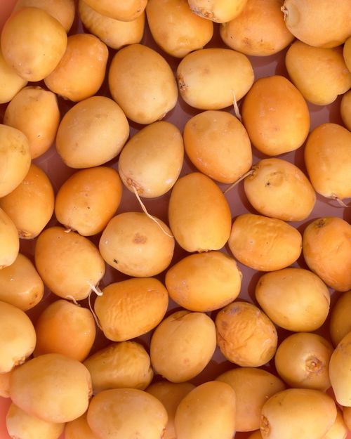 Free A vibrant collection of fresh yellow dates laid out, displaying their natural texture and color. Stock Photo