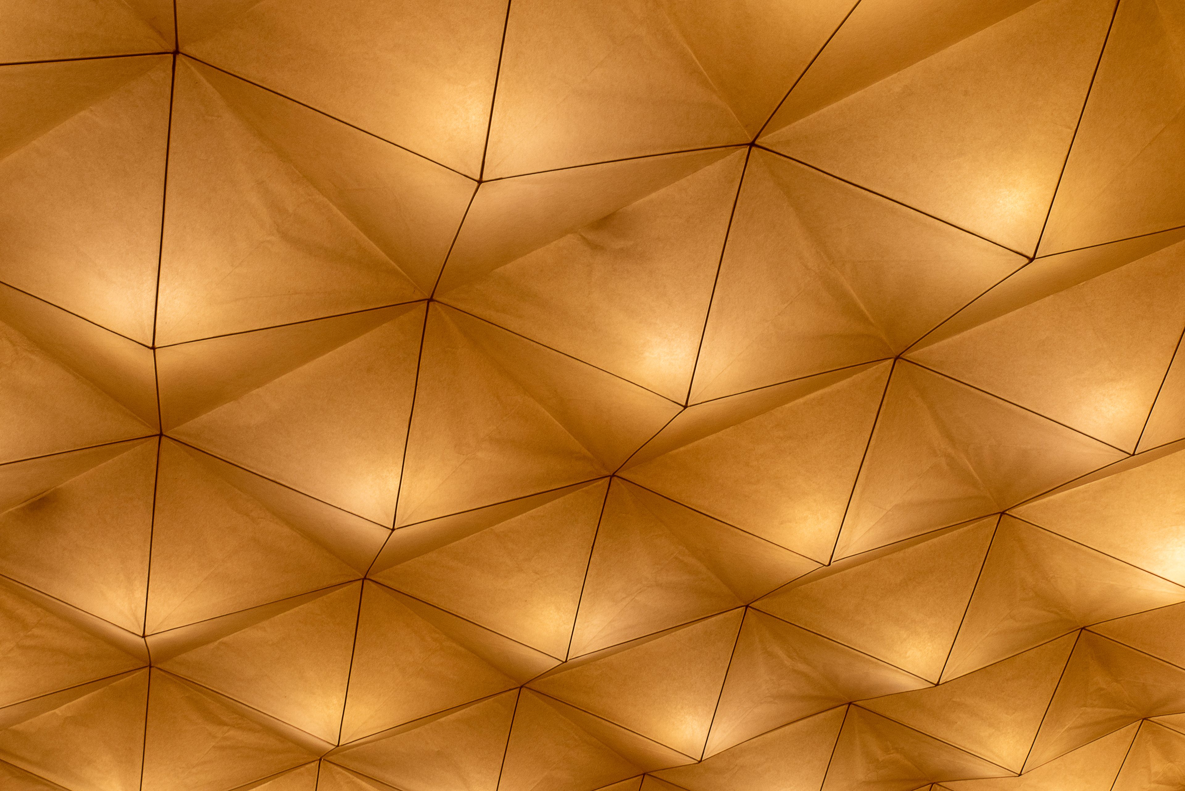 A geometric timber ceiling with warm lighting