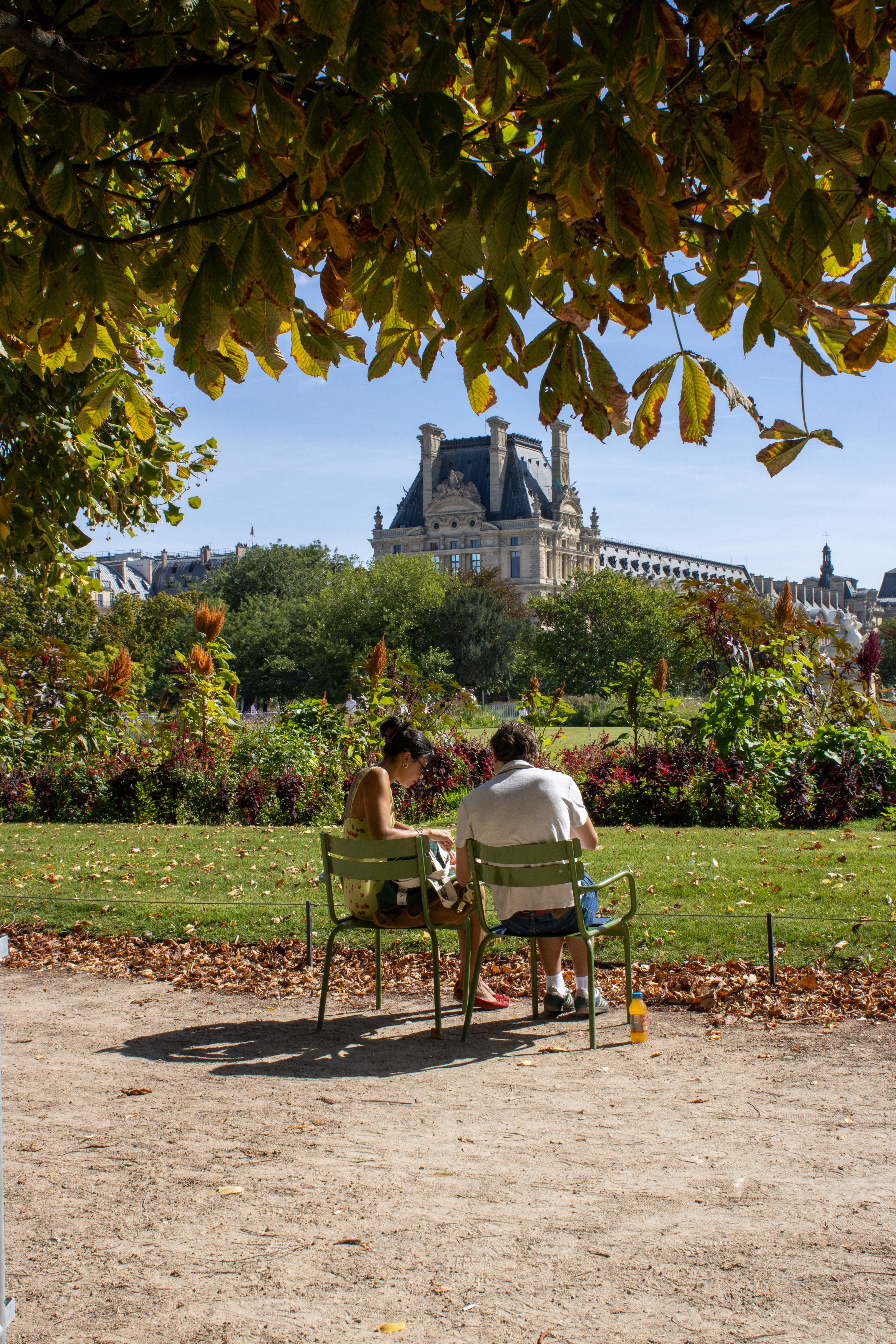 Couple relaxing in Paris's Tuileries Garden with Louvre in background.
