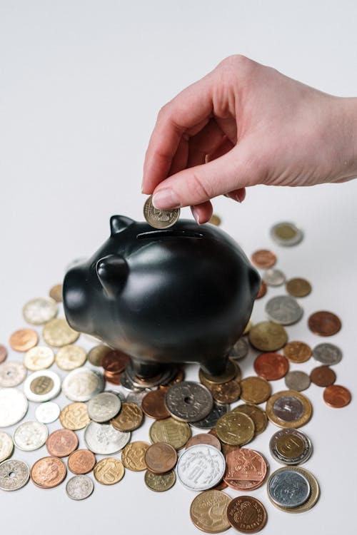 Free Person Putting Coin in a Piggy Bank Stock Photo