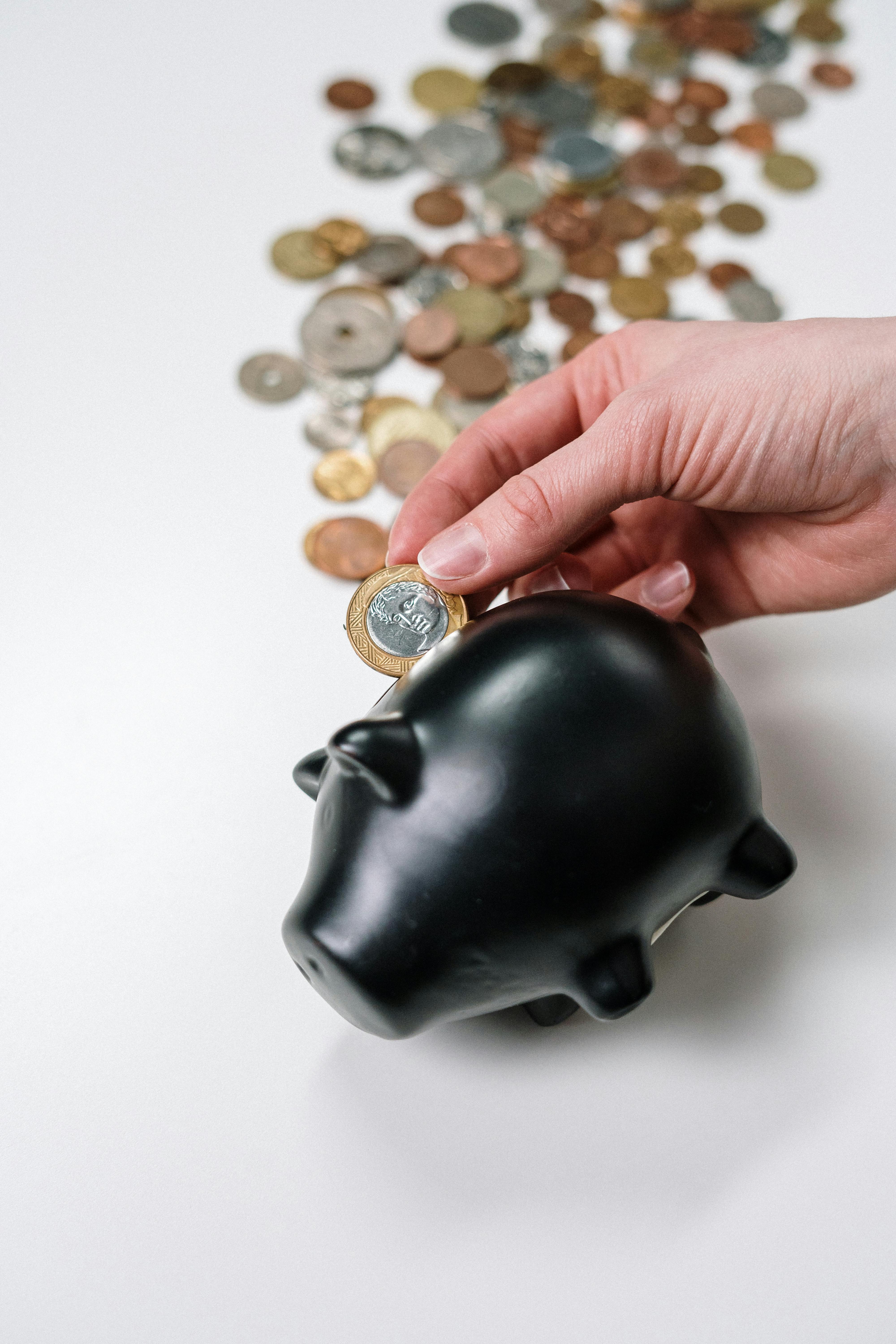 person putting coin in a piggy bank