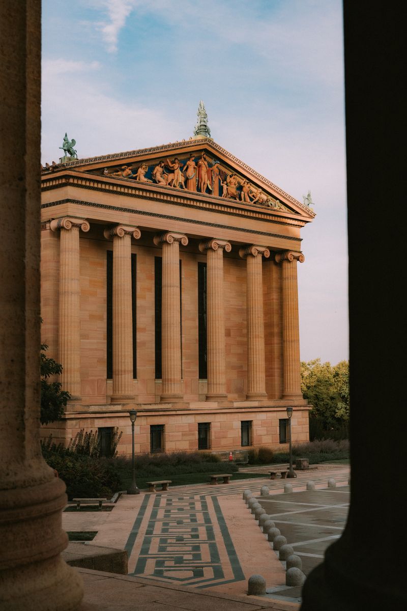 The classical facade of the Philadelphia Museum of Art in golden light