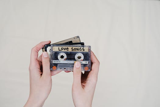 Hands holding vintage cassette tapes, including a 'Love Songs' label, evoking nostalgia.