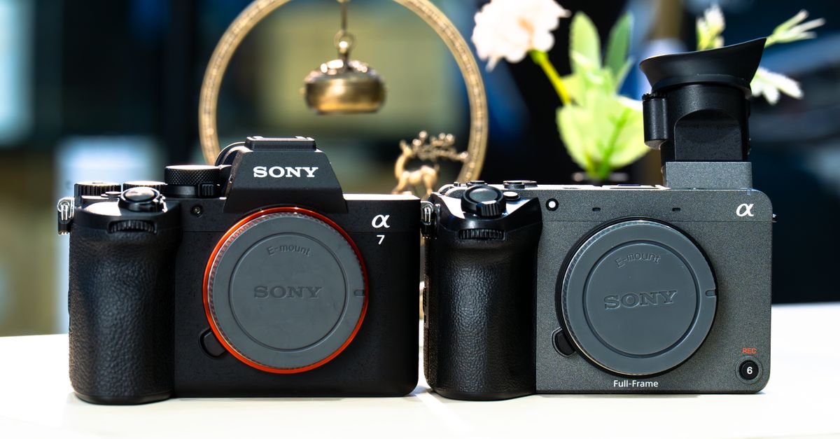 Two professional cameras on a table with a decorative background, ideal for photographers.
