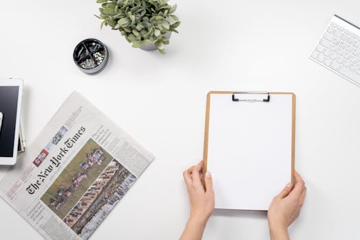 Flat lay of a home office desk with a clipboard, newspaper, and accessories.