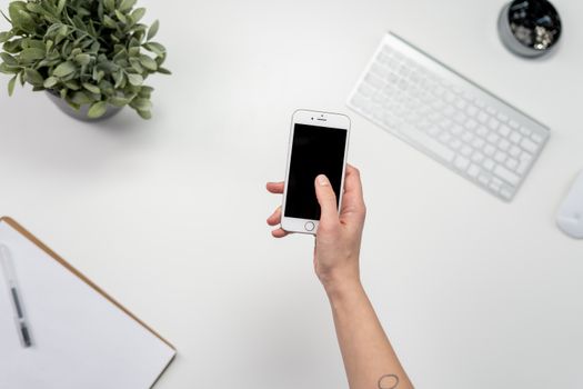 Top view of a minimalist workspace featuring a smartphone, keyboard, and plant.