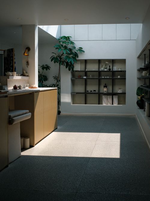 Free A serene, minimalist kitchen interior featuring natural light, modern decor, and lush indoor plants. Stock Photo
