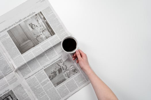 Hand holding a black coffee over newspaper, perfect for business and morning themes.