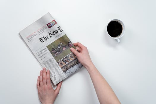 Flat lay of hands holding The New York Times newspaper with coffee on a white table.