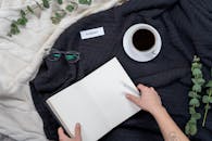 周日的便条放在编织毯子上，旁边有黑咖啡、笔记本和眼镜，布置得很舒适