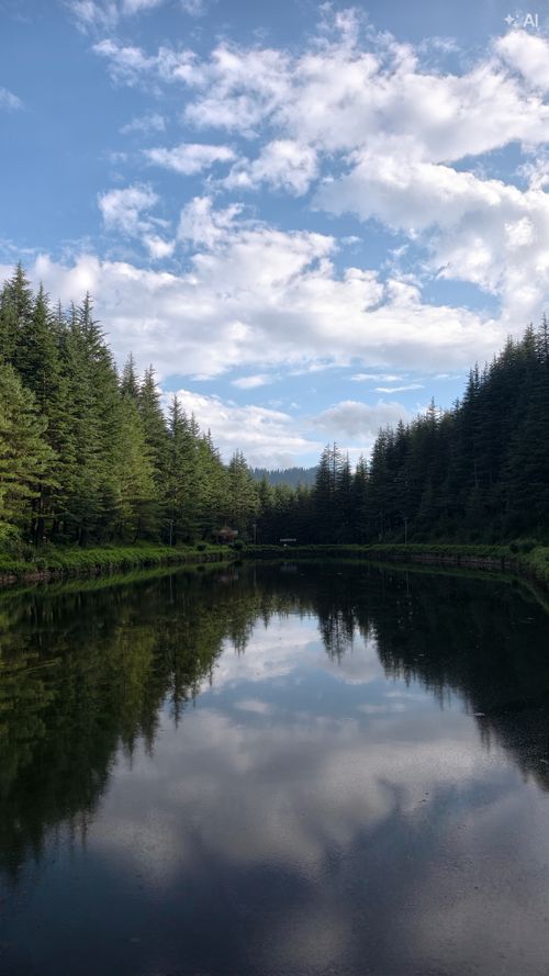 Free Tranquil forest lake reflecting clouds and sky, framed by lush evergreen trees, showcasing natural beauty. Stock Photo