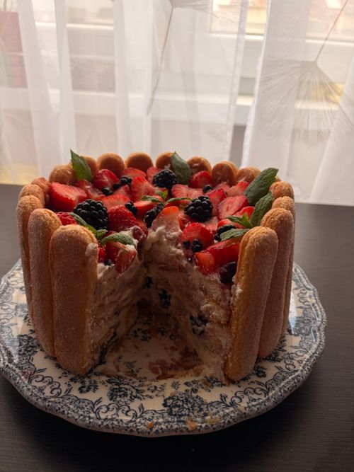 Free A beautifully decorated berry Charlotte cake topped with strawberries, blackberries, and mint leaves. Stock Photo