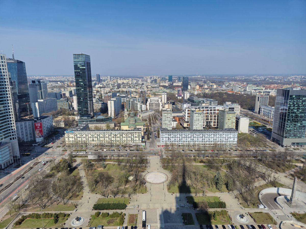 Aerial view of Warsaw showing modern and residential architecture in spring