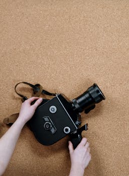 Hands holding a vintage film camera on a corkboard surface, emphasizing retro aesthetics.