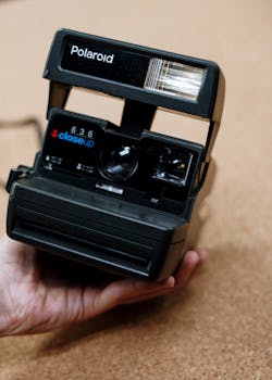 Close-up of a vintage Polaroid 636 camera held over a cork surface, showcasing retro design.