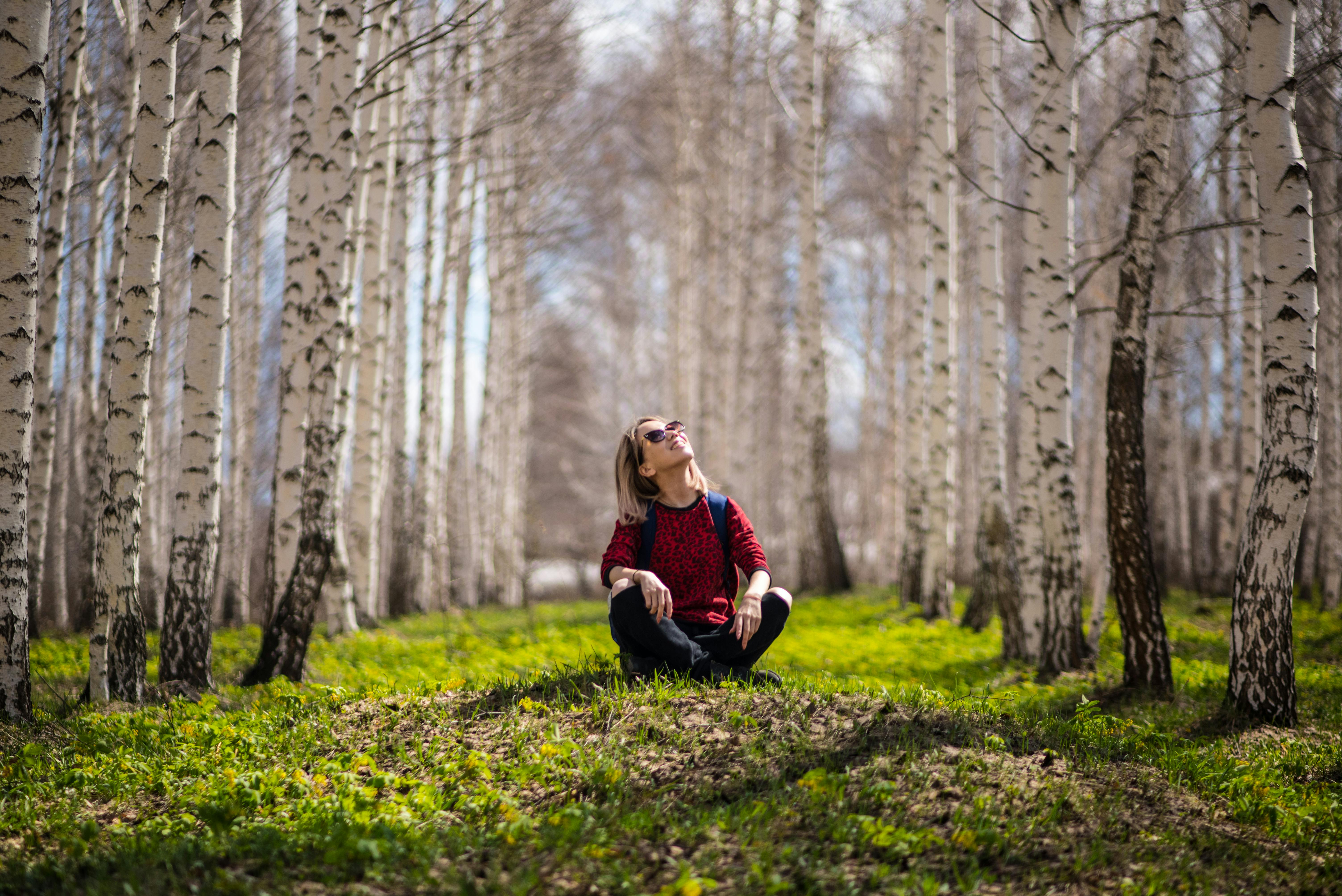 woman sitting between brown trees