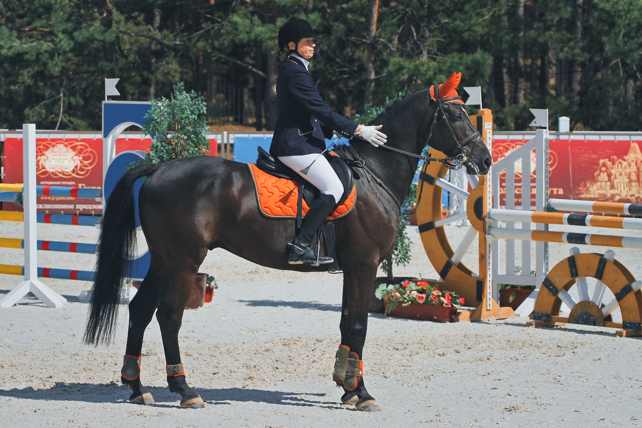 Equestrian rider in formal attire on a horse, preparing for a competition outdoors.