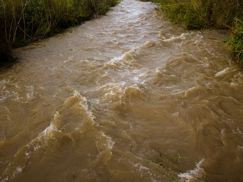 Free A muddy river flowing rapidly through a natural landscape after heavy rain, showcasing erosion and flooding. Stock Photo