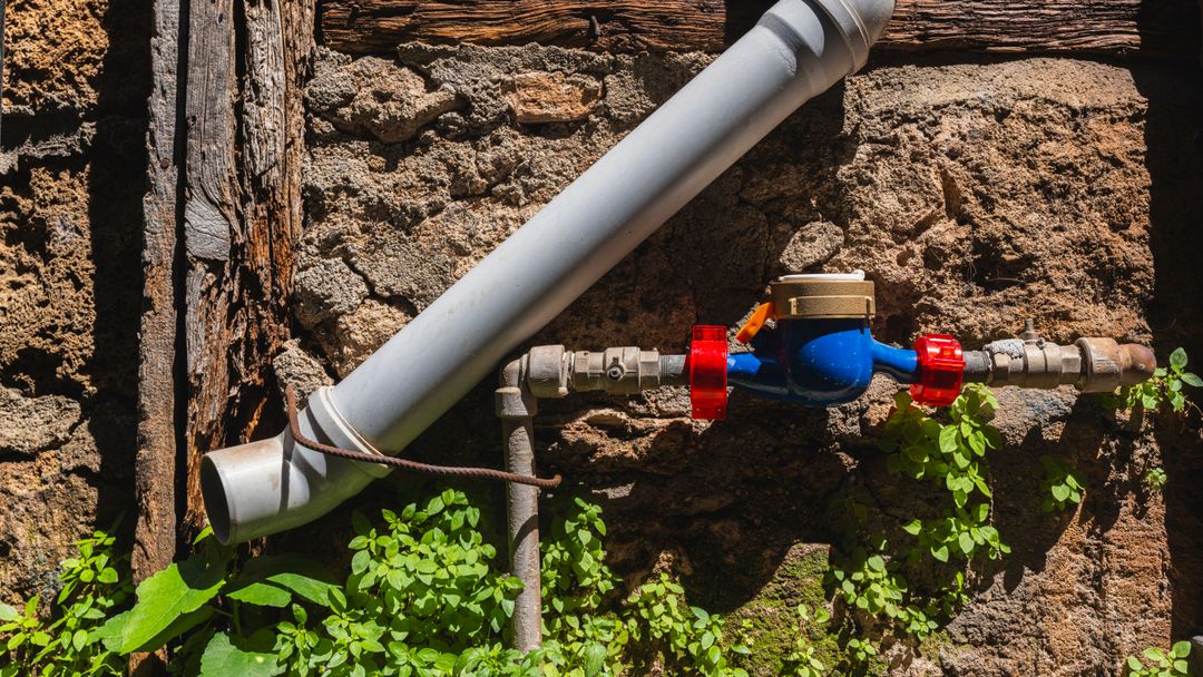 A water meter at a boundary wall. Out on acreage the meter sits where the main runs, and the pipe from there to the house is yours.