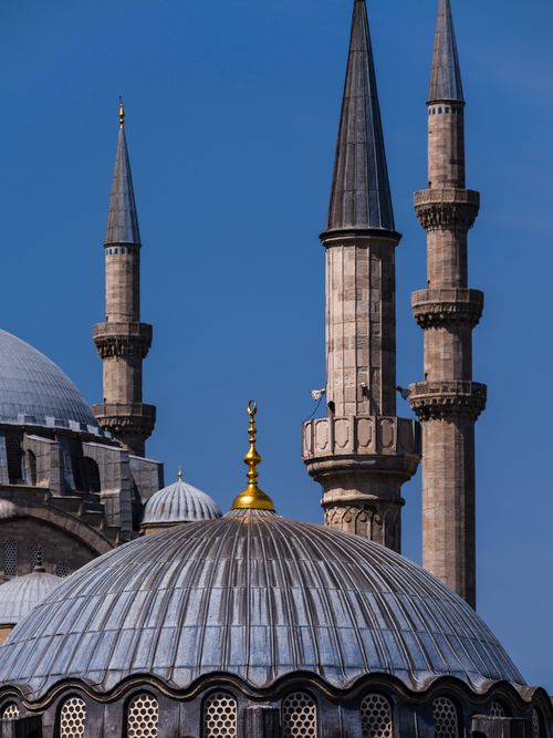 Free Close-up of historical mosque domes and minarets in Istanbul, showcasing Ottoman architecture. Stock Photo
