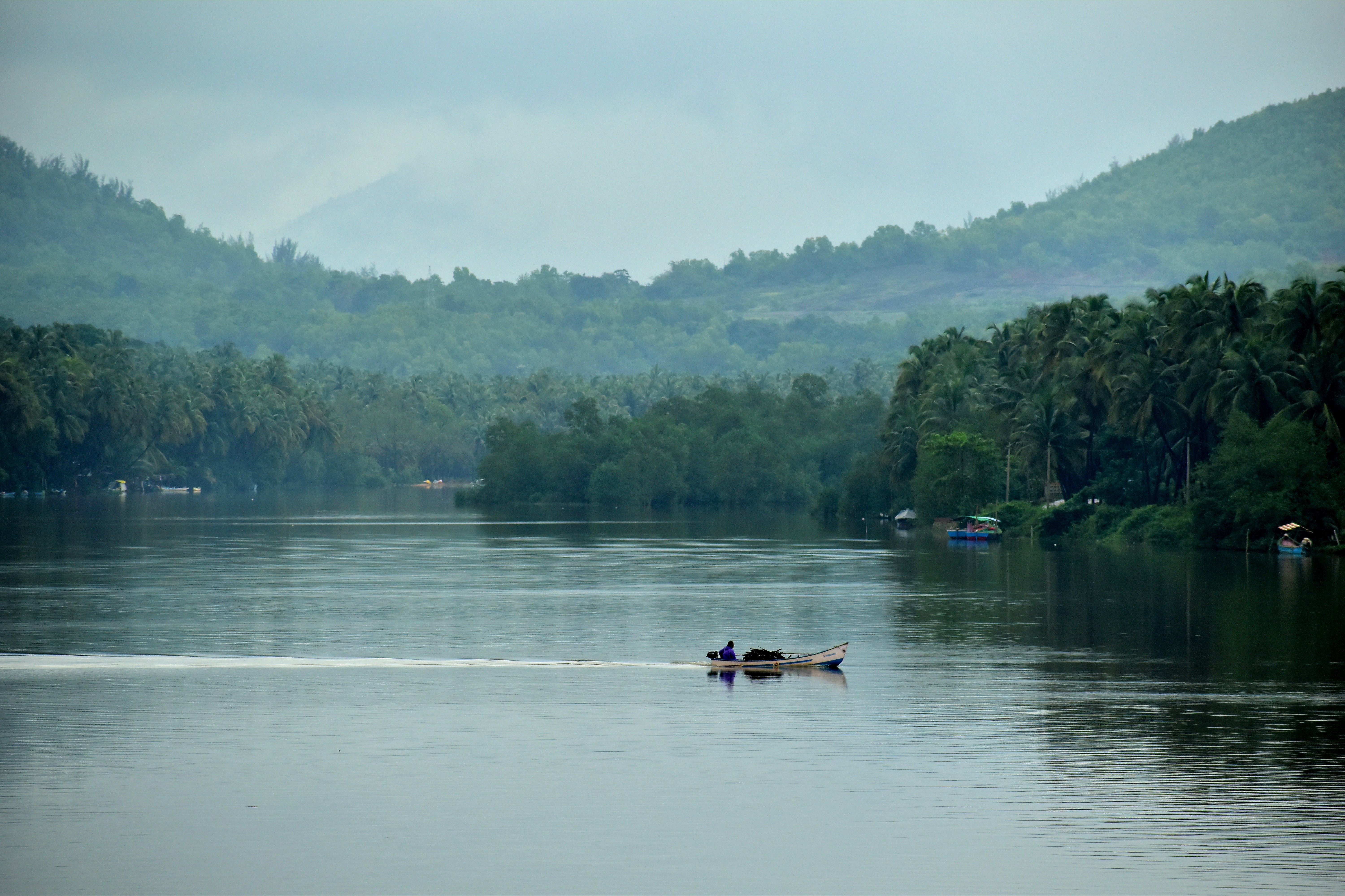 A tranquil scene of a small boat on a serene river in Goa with lush greenery.