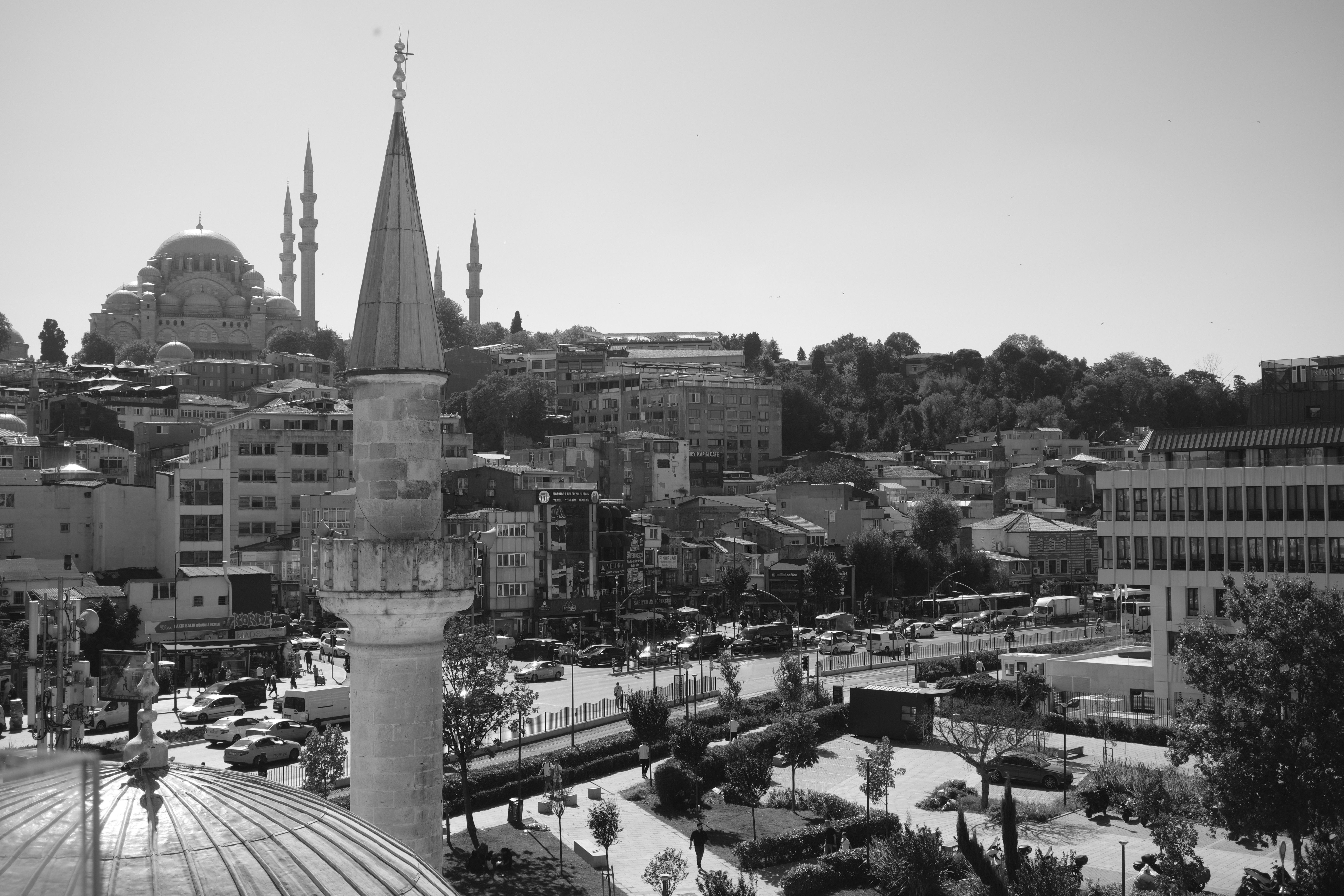 A captivating black and white view of Istanbul's skyline featuring the iconic Suleymaniye Mosque.