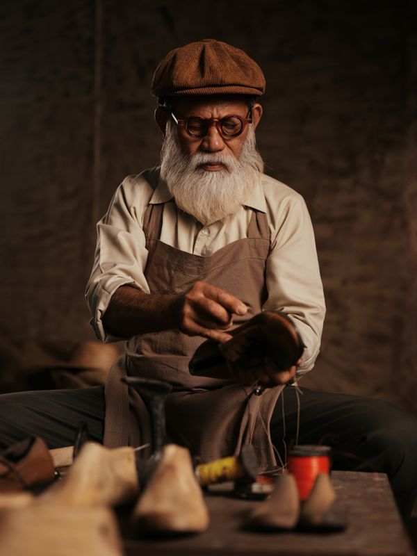 An elderly shoemaker carefully repairs a shoe in his workshop, highlighting traditional craftsmanship.