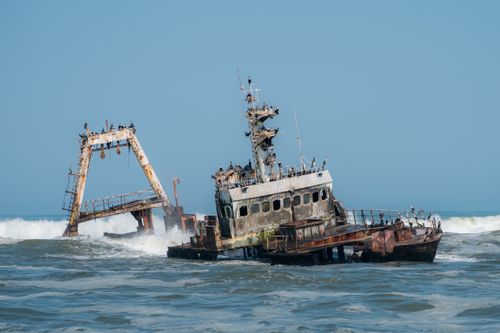 Free A sunken shipwreck on Namibia's Skeleton Coast, adorned by seabirds. Stock Photo