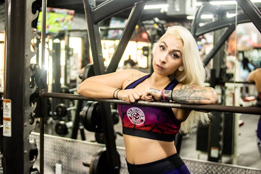 A blonde tattooed woman in athletic gear leans on a barbell inside a gym, embodying strength and fitness.