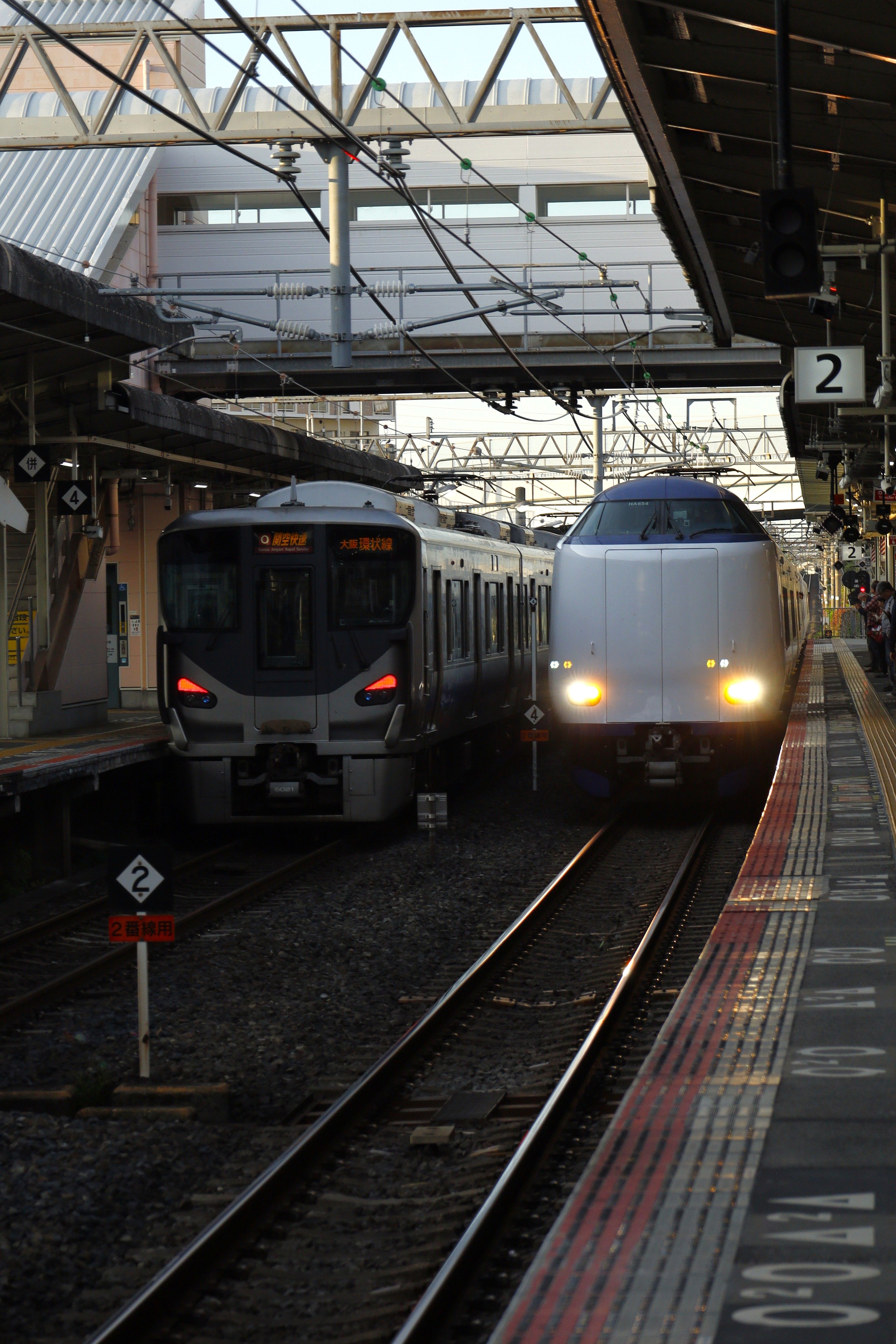 Two trains at Izumisano Station, Osaka, Japan during the daytime.