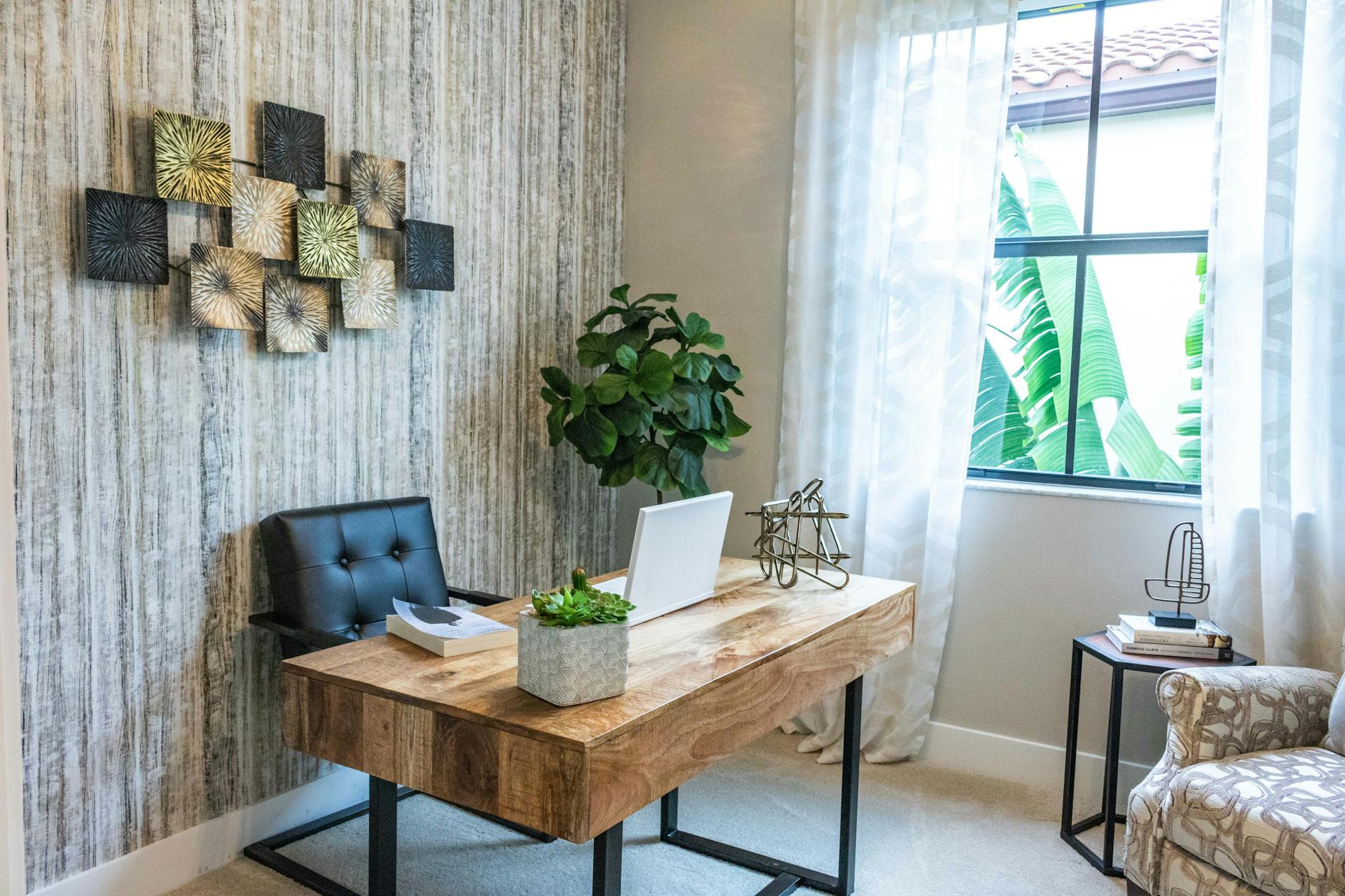 Beautifully designed home office with a rustic wooden desk and modern decor, perfect for remote work setup.