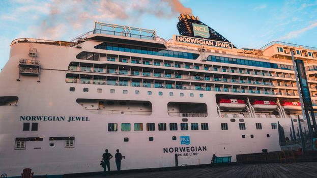 Side view of Norwegian Jewel cruise ship docked, basking in sunset light with passengers on shore.