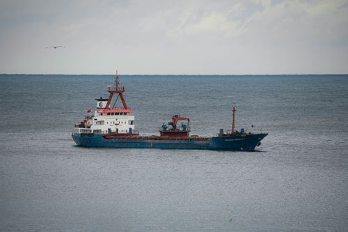 Free Cargo ship navigating the Black Sea near Rize, Türkiye, under a cloudy sky. Stock Photo