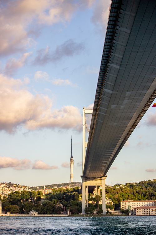 Free Striking view of the Bosphorus Bridge and Istanbul skyline with a dramatic sunset sky. Stock Photo
