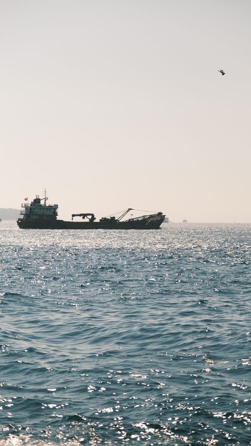 Free A serene seascape with a cargo ship cruising on calm ocean waters under a clear sky. Stock Photo