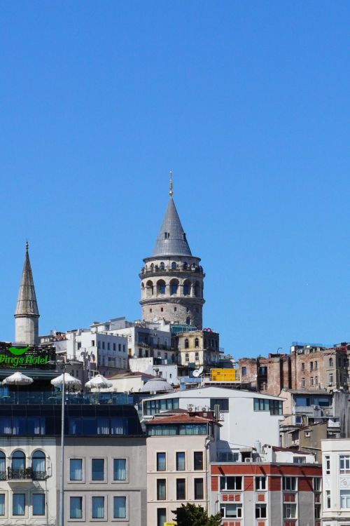 Free A view of Galata Tower amid İstanbul's historic skyline under a clear blue sky, Türkiye. Stock Photo