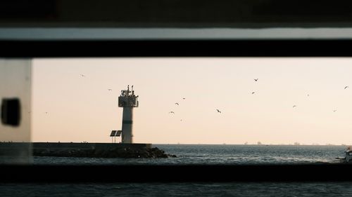 Free Lighthouse view with seagulls flying over the sea during sunset, seen through a window frame. Stock Photo