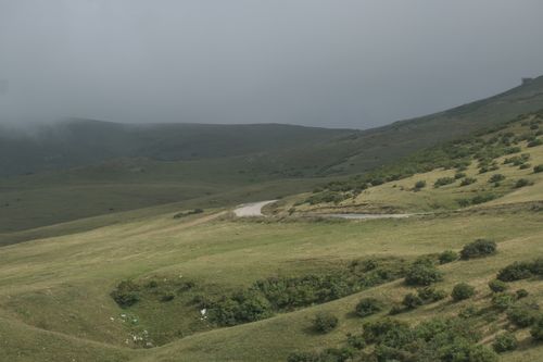 Free Scenic view of rolling hills with a winding path under a misty, overcast sky. Stock Photo