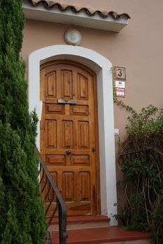 A rustic wooden door framed by greenery and subtle architectural details.