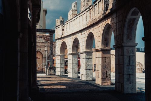 Free Stone arches with intricate details in a Roman architectural style in Macao. Stock Photo